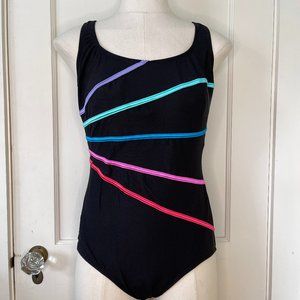 Black Longitude Women's Swimsuit with multi-colored stripes